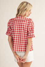 Load image into Gallery viewer, Ruffled Detail Button Down Embroidered Check Top
