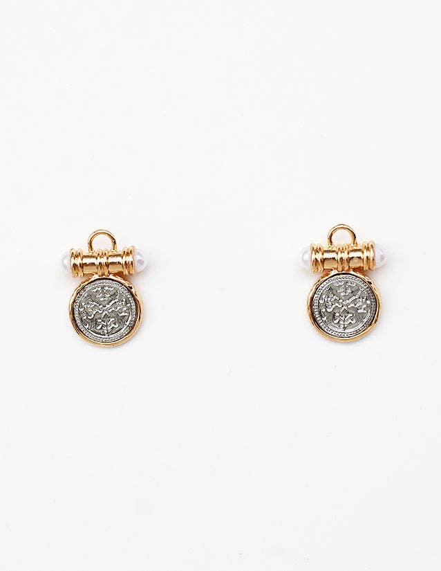 Silver coin stud earrings with gold accent details.