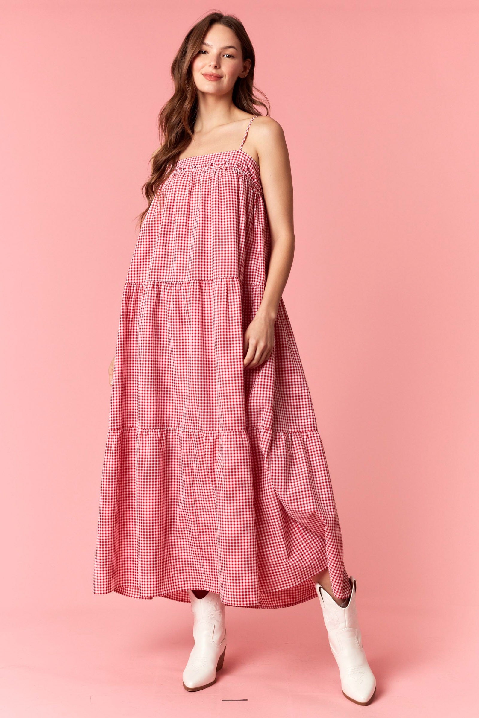 Solid Bow Tie And Yarn Dye Gingham Tiered Dress