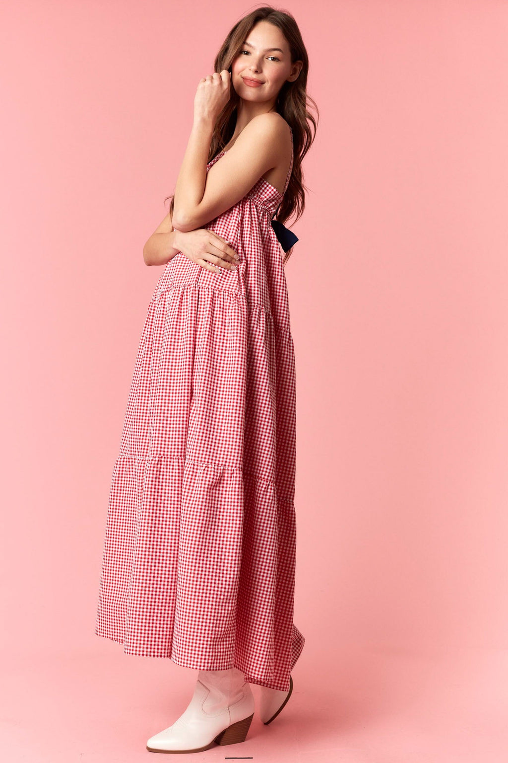 Solid Bow Tie And Yarn Dye Gingham Tiered Dress