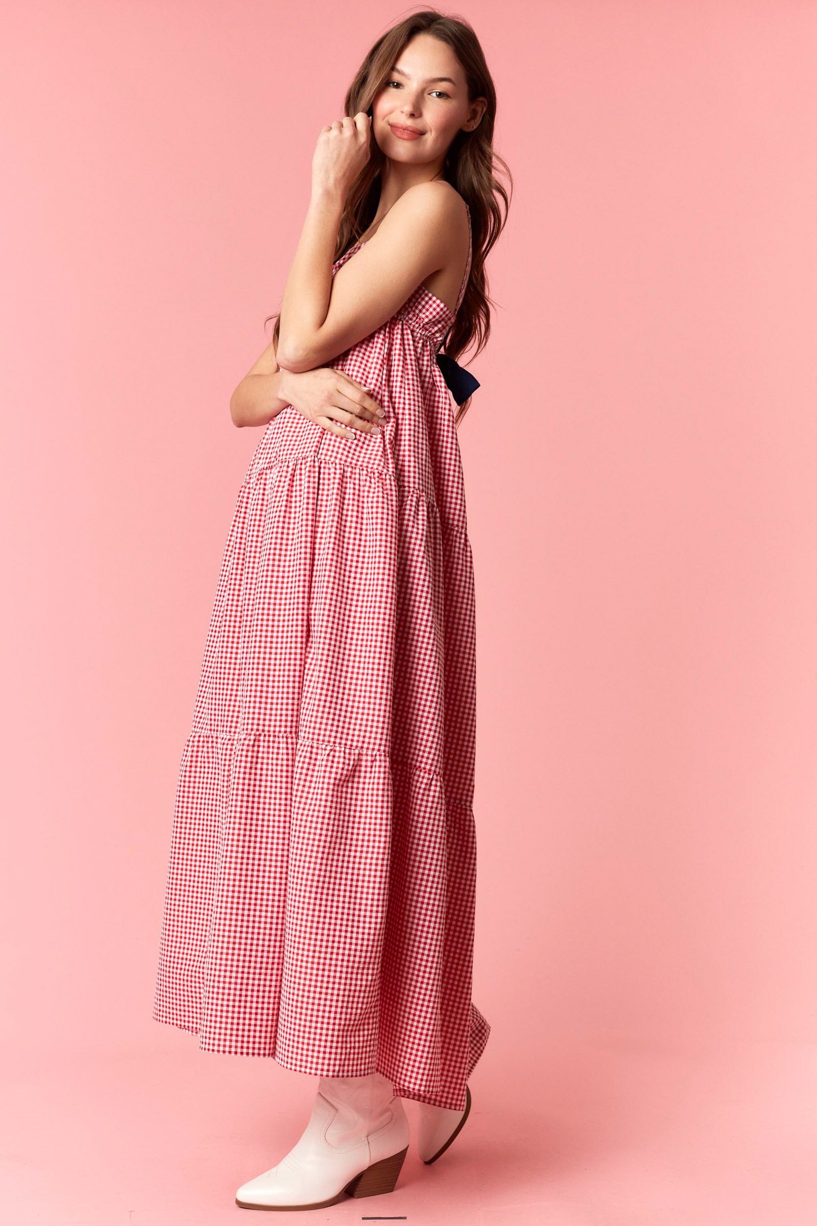 Solid Bow Tie And Yarn Dye Gingham Tiered Dress