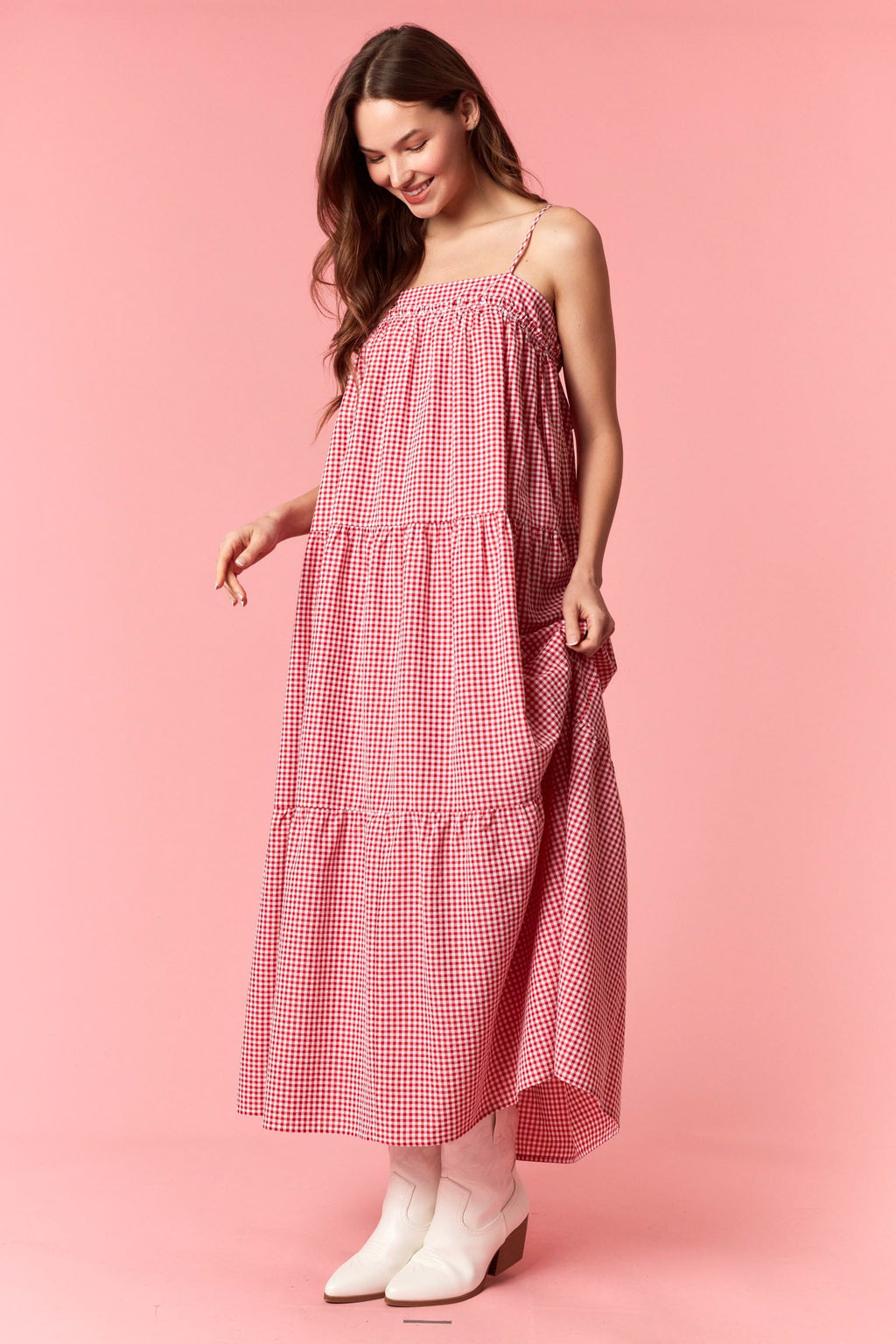 Solid Bow Tie And Yarn Dye Gingham Tiered Dress