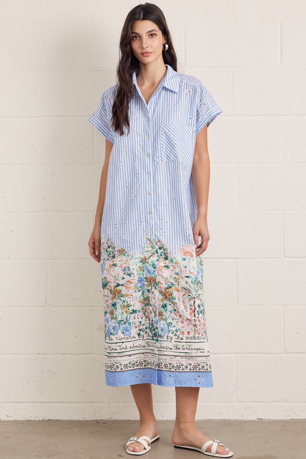 Striped Short Sleeve Floral Midi Dress
