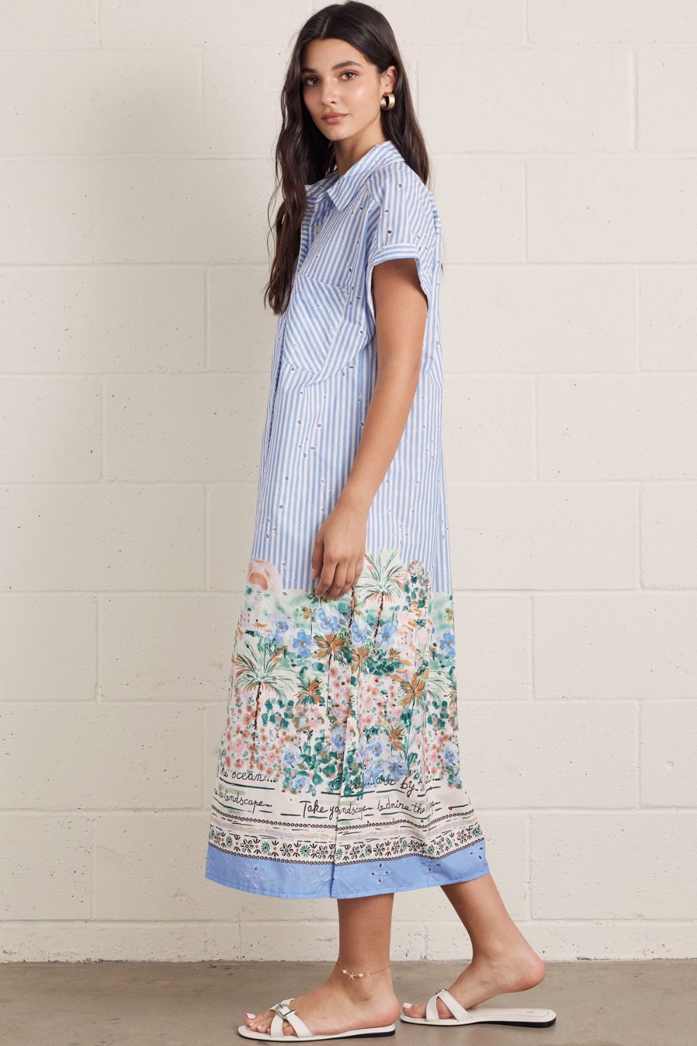 Striped Short Sleeve Floral Midi Dress