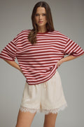 Women's burgundy and pink striped ribbed short sleeve top with a round neckline.