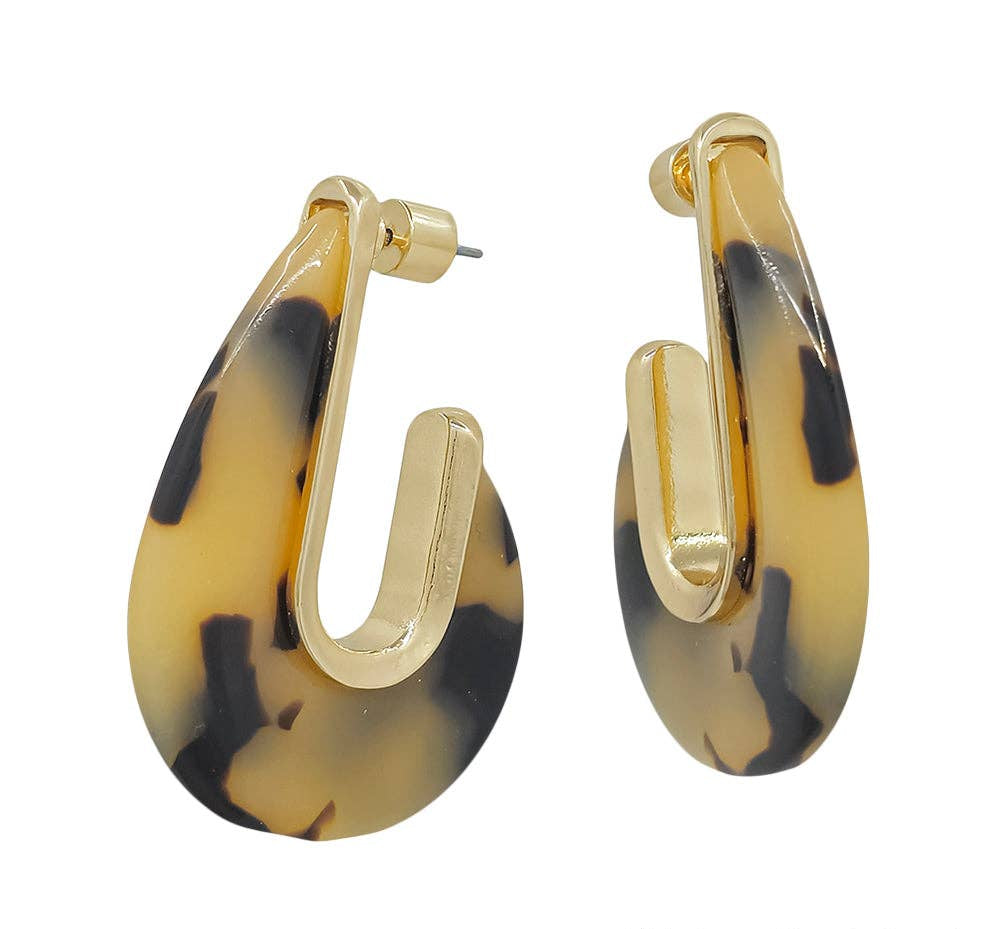 Women's tortoise acrylic teardrop earrings with gold accents.