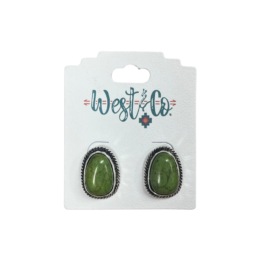 Green Post Earring with Burnished Silver Rope Border