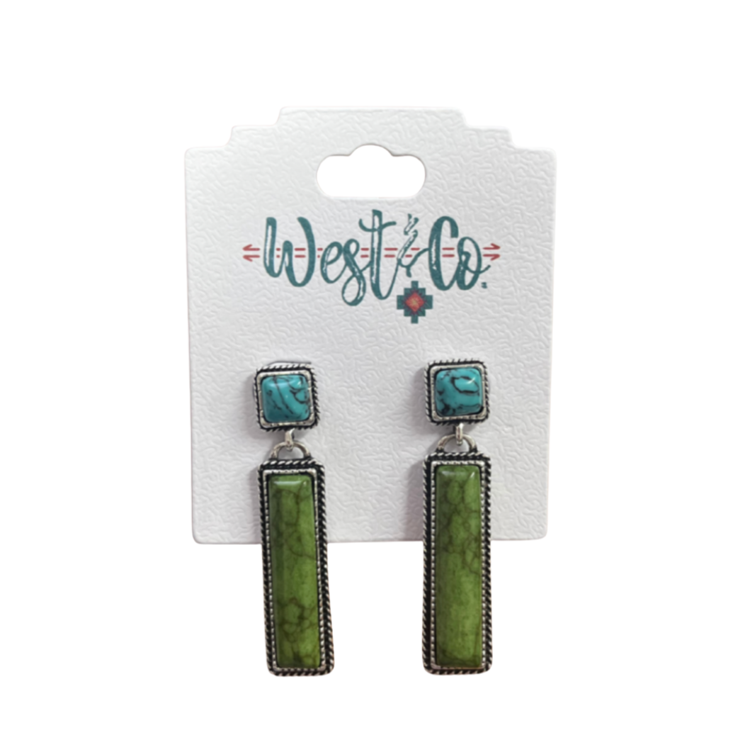 Green Bar Earring On Turquoise Square Post