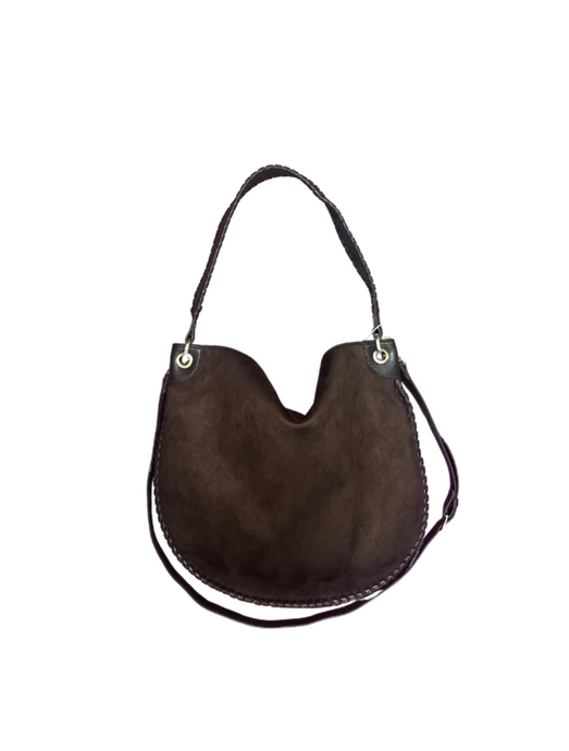 Brown leather handbag on a white background