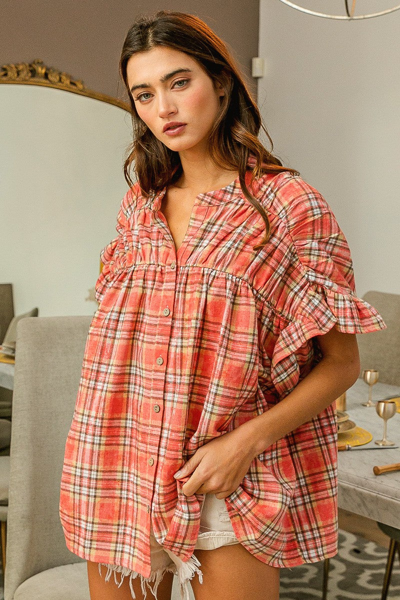 Vintage Washed Coral Plaid Top