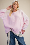Washed Textured Thermal Henley Top in Cotton Pink