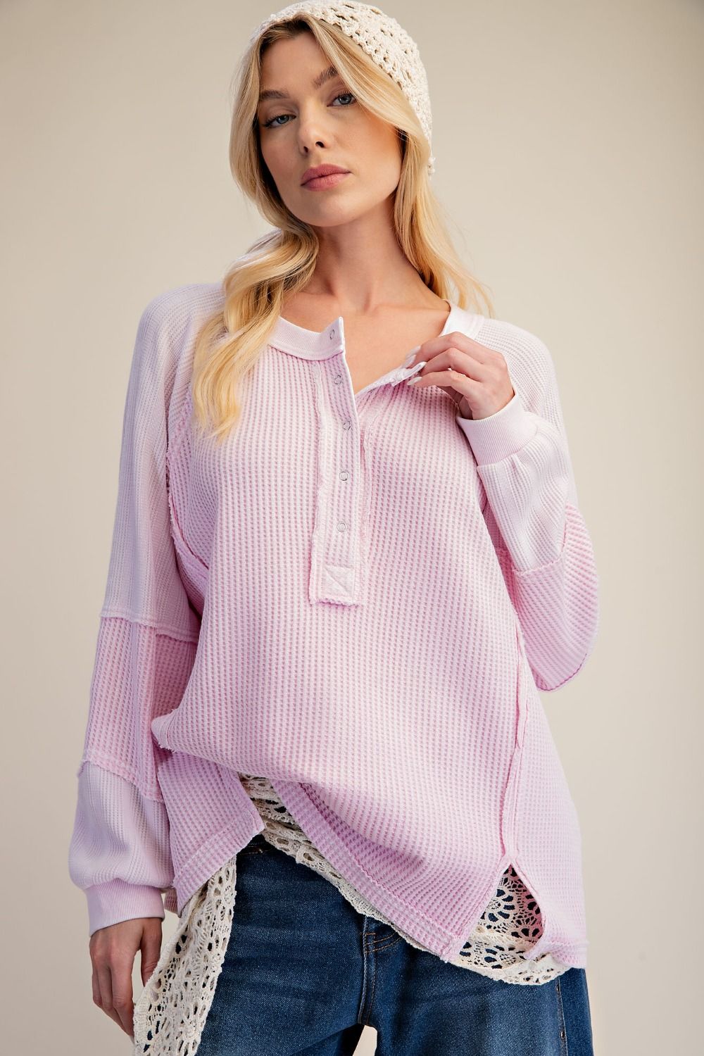 Women's relaxed waffle knit Henley with exposed seams