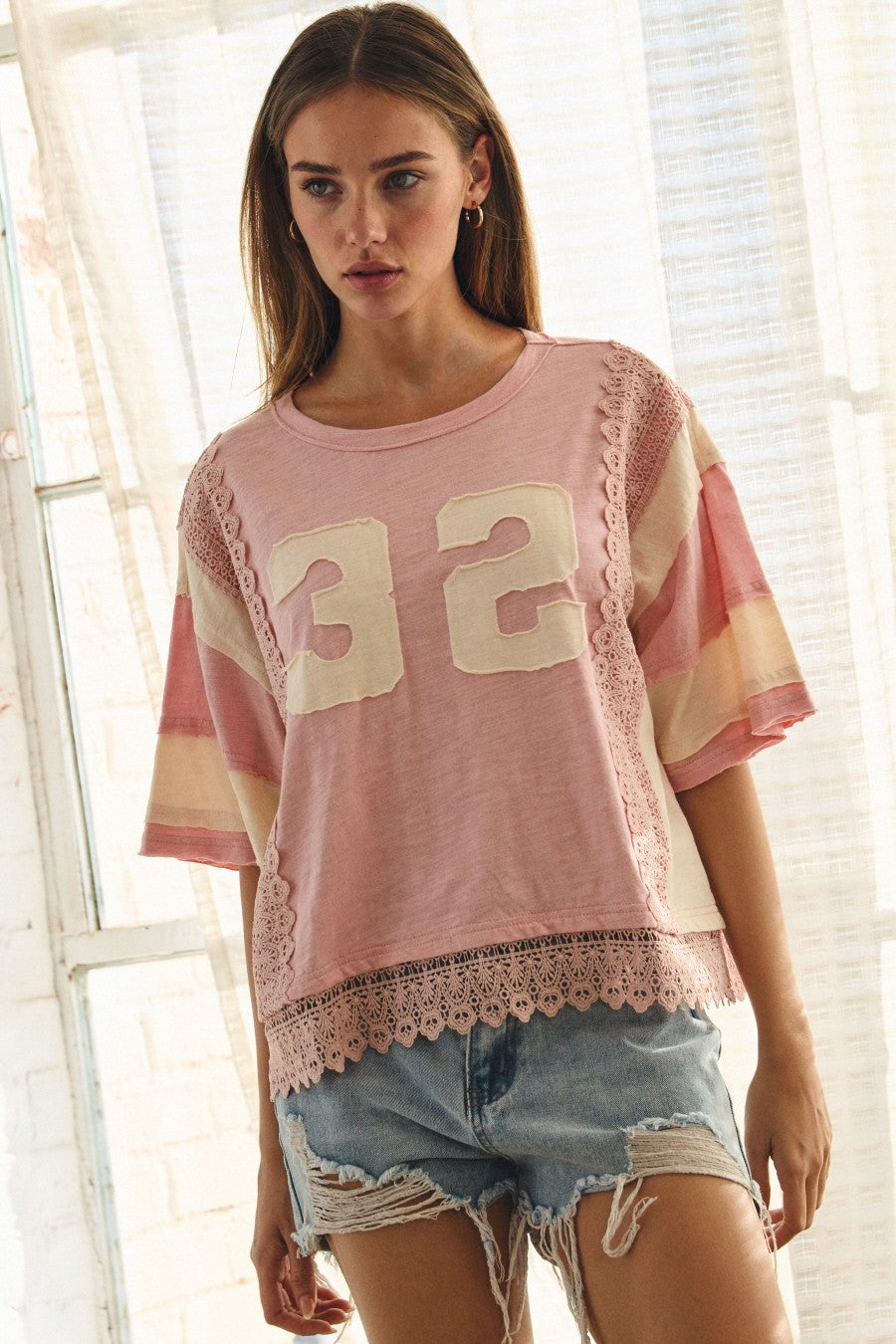 Washed Vintage Numeric Lace Hem Tee