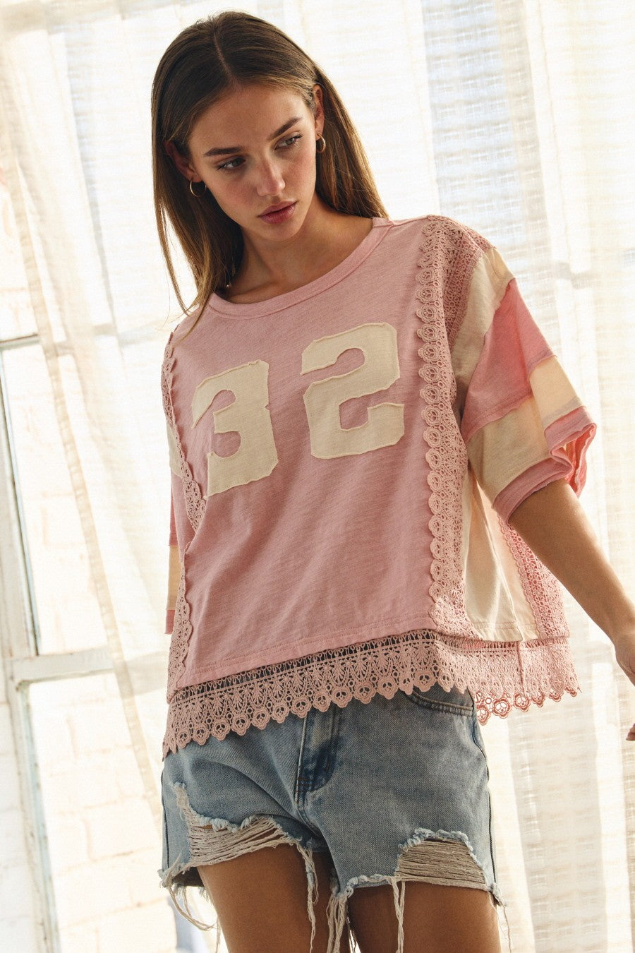 Washed Vintage Numeric Lace Hem Tee