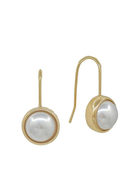 Gold French wire drop earrings with white freshwater pearls, shown with a white display card branded 'eté'.