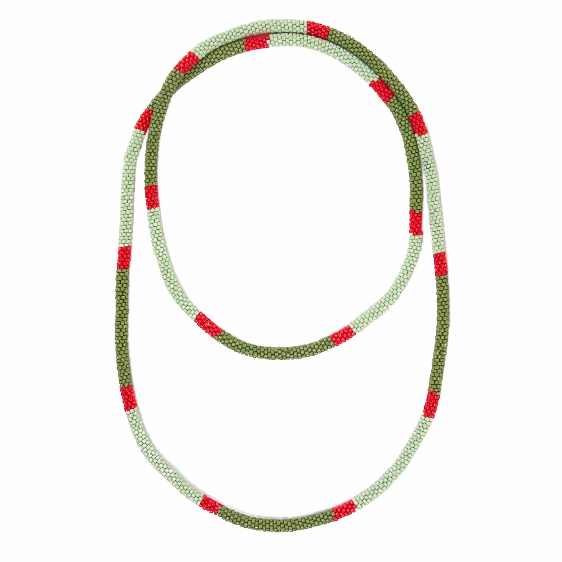 Allie Seed Bead Long Necklace Olive, Mint, + Red