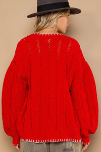 Red Contrast Stitch Cardigan