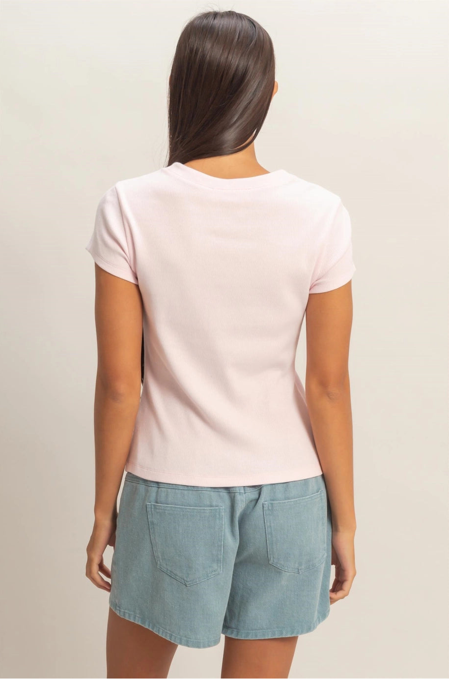 Soft Pink Ribbed Button-Front Crew Neck Top