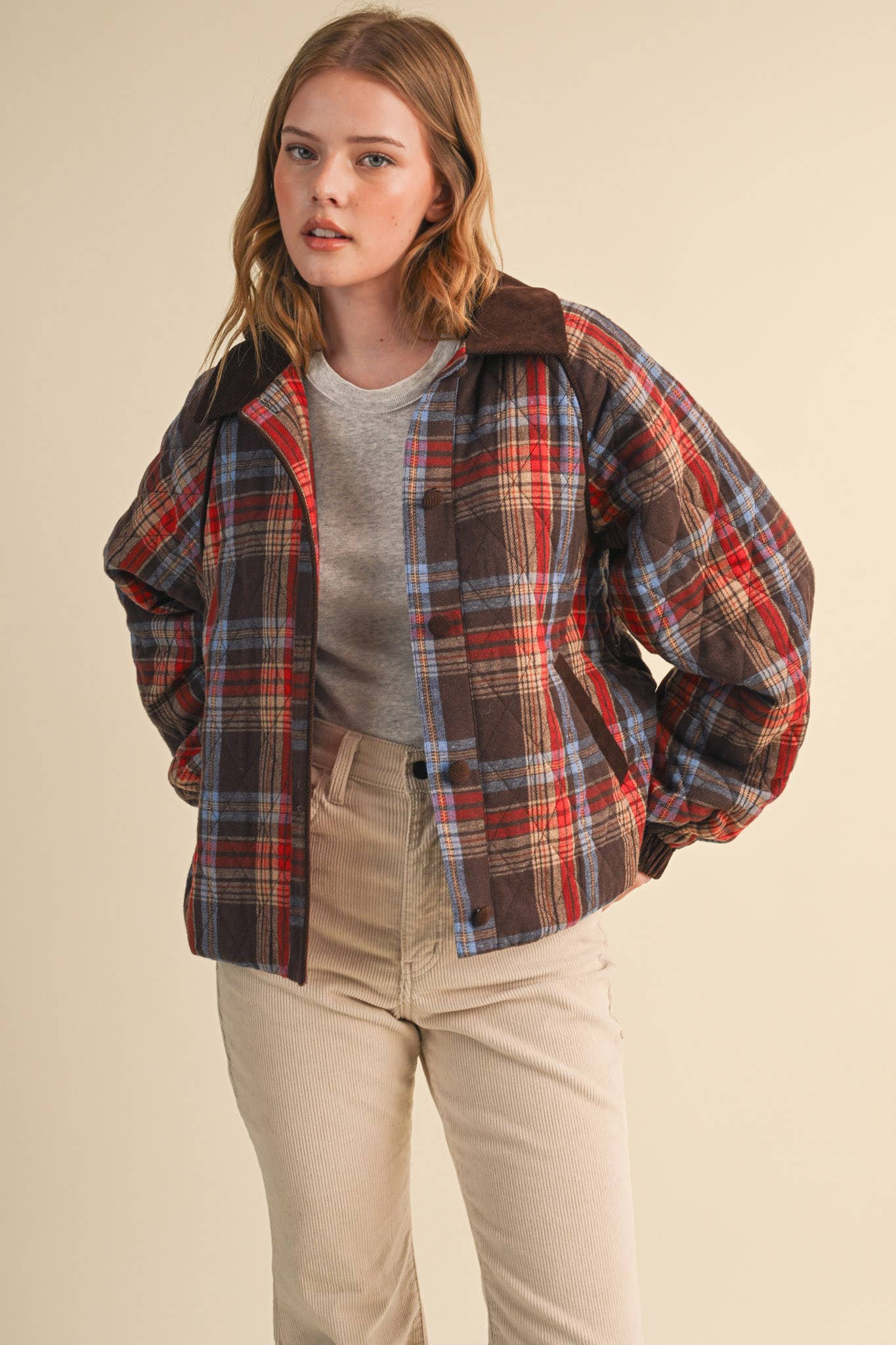 Plaid Quilted Jacket With Contrast Corduroy Detail
