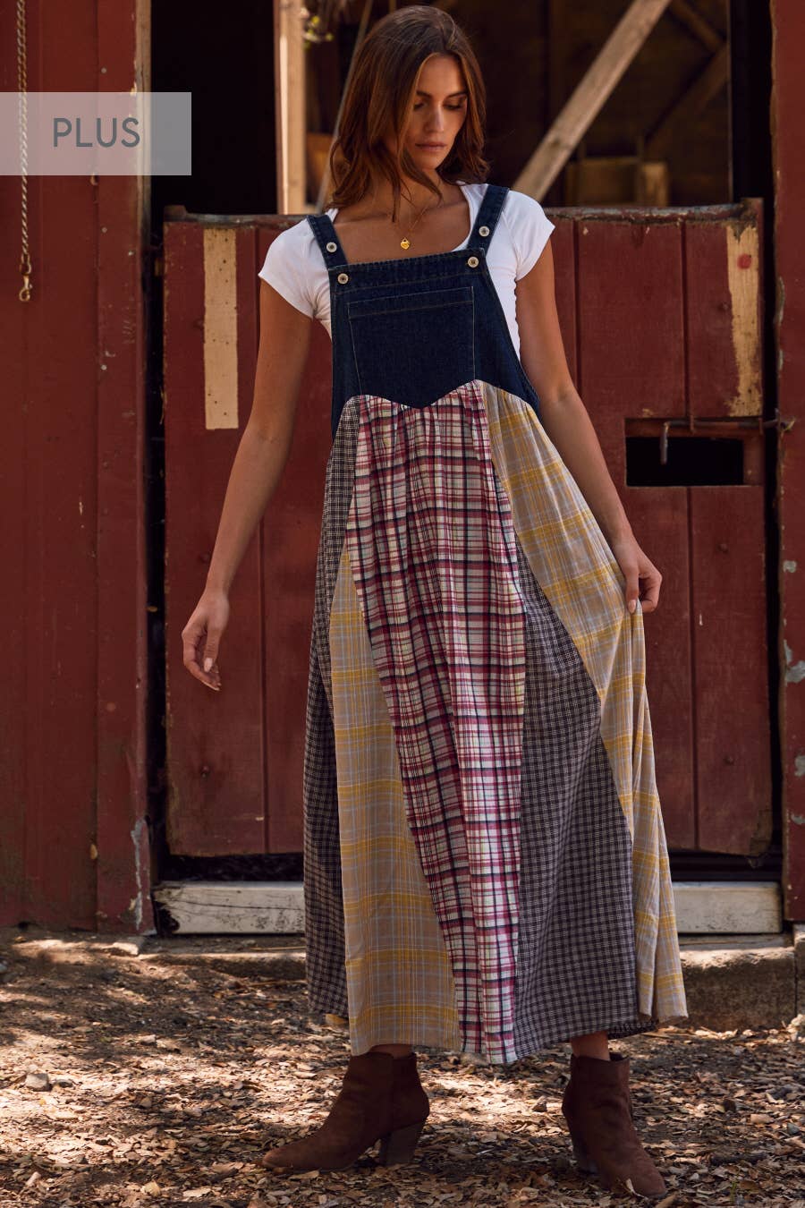 Plus Patchwork Plaid Overall Dress