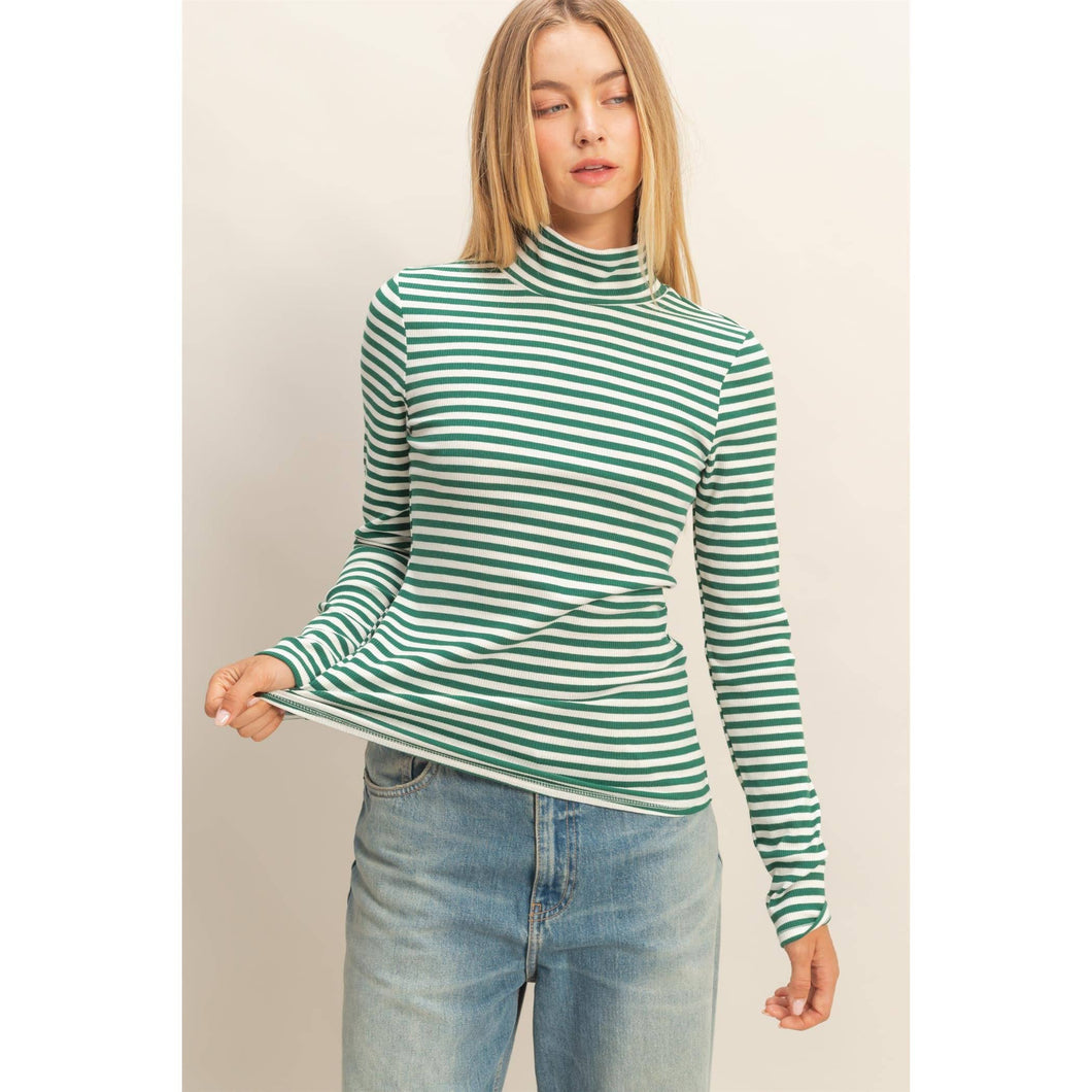 Green Striped Turtleneck Fitted Knit Top