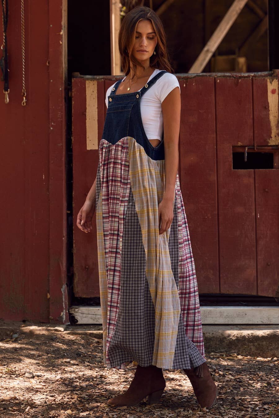 Plus Patchwork Plaid Overall Dress