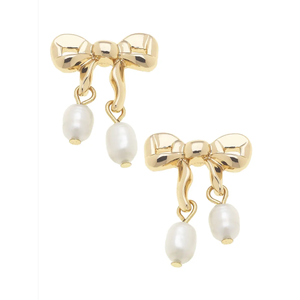 Tessa Pearl Bow Stud Earrings in Shiny Gold