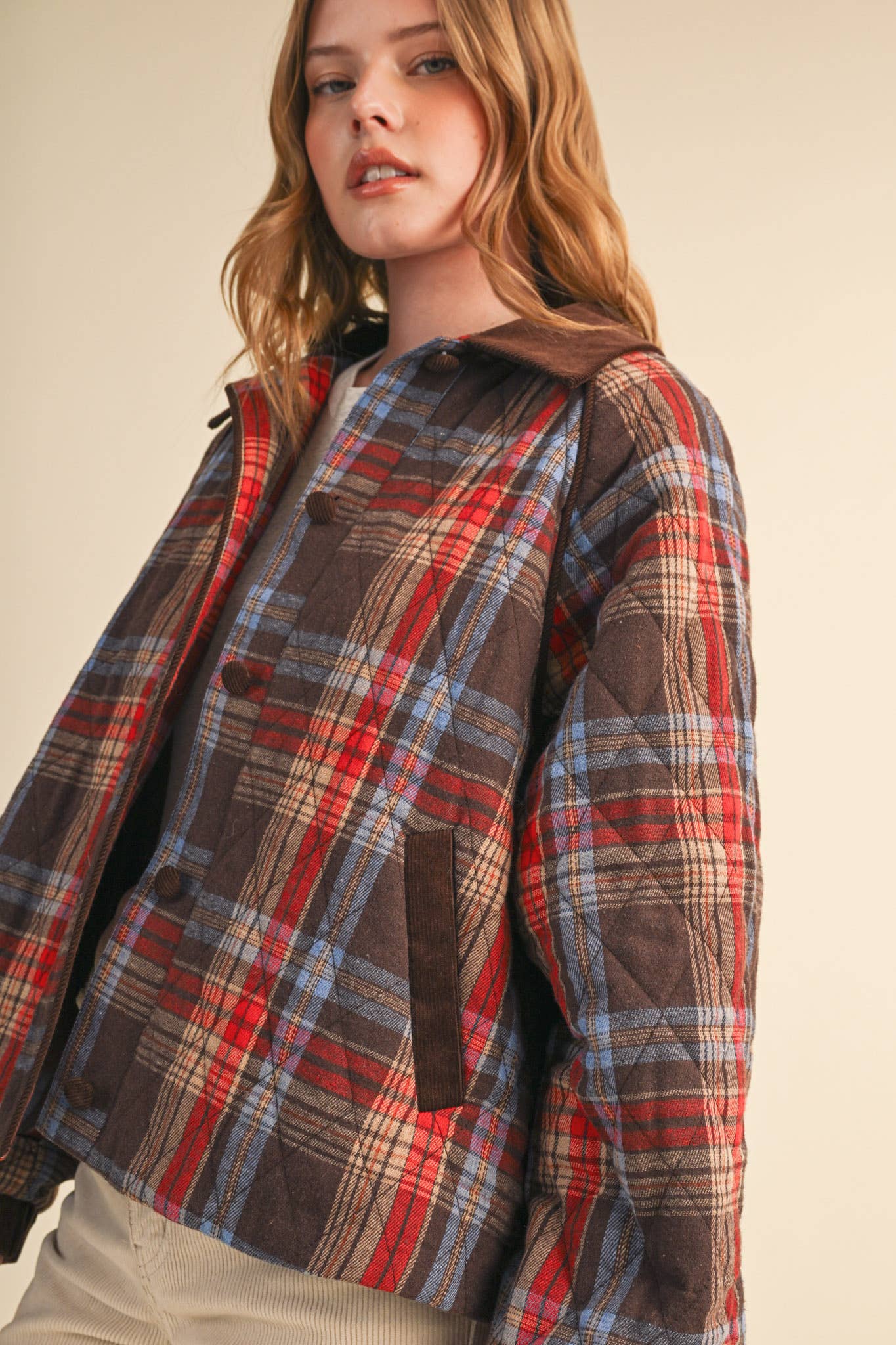 Plaid Quilted Jacket With Contrast Corduroy Detail