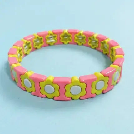 Enamel Stretch Bracelet - Flowers - Pink + Yellow