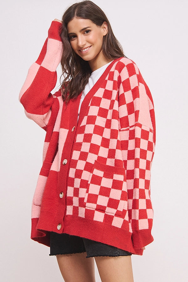 Red/Pink Check Cardigan