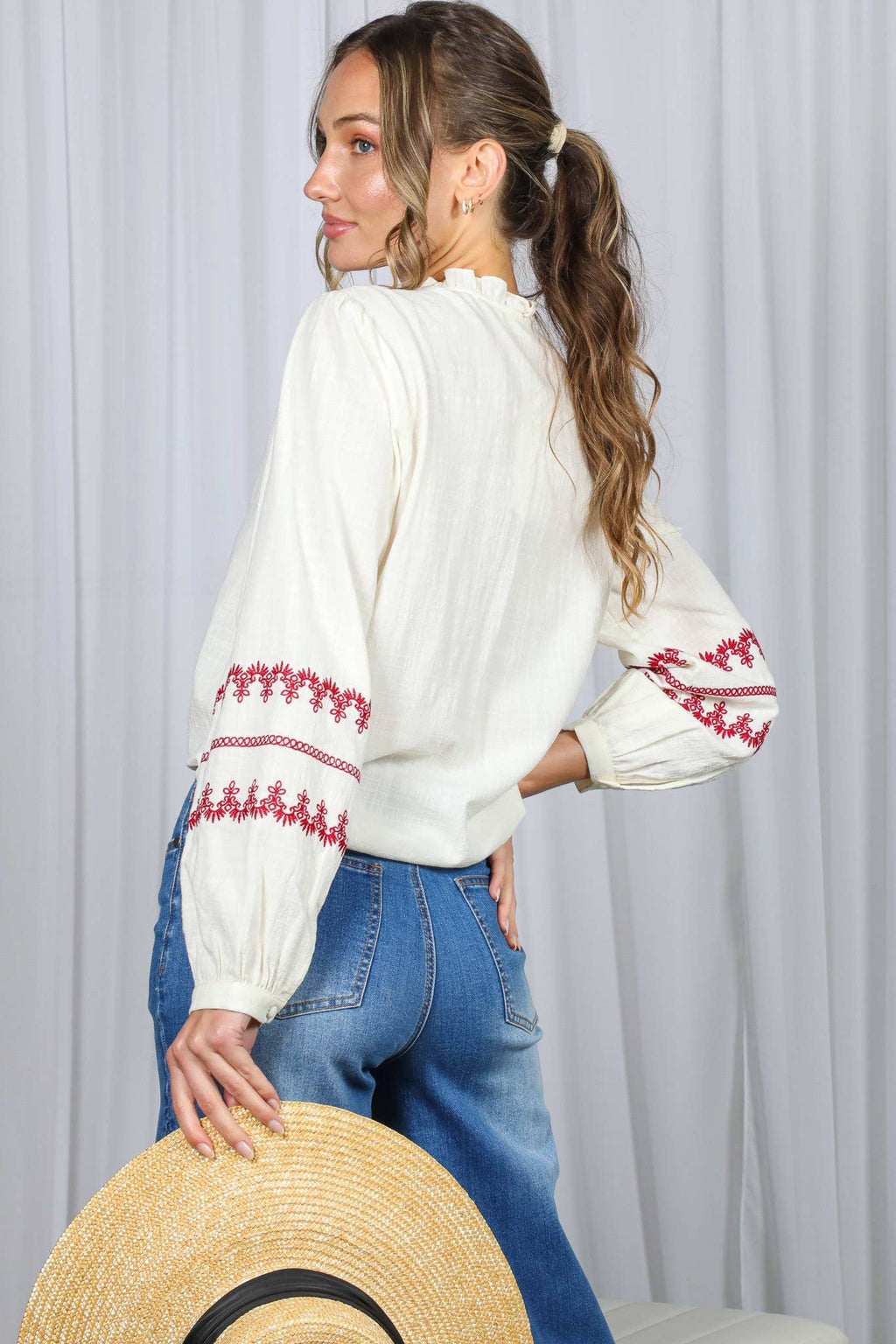 Ruffle Neck Embroidered Bohemian Top