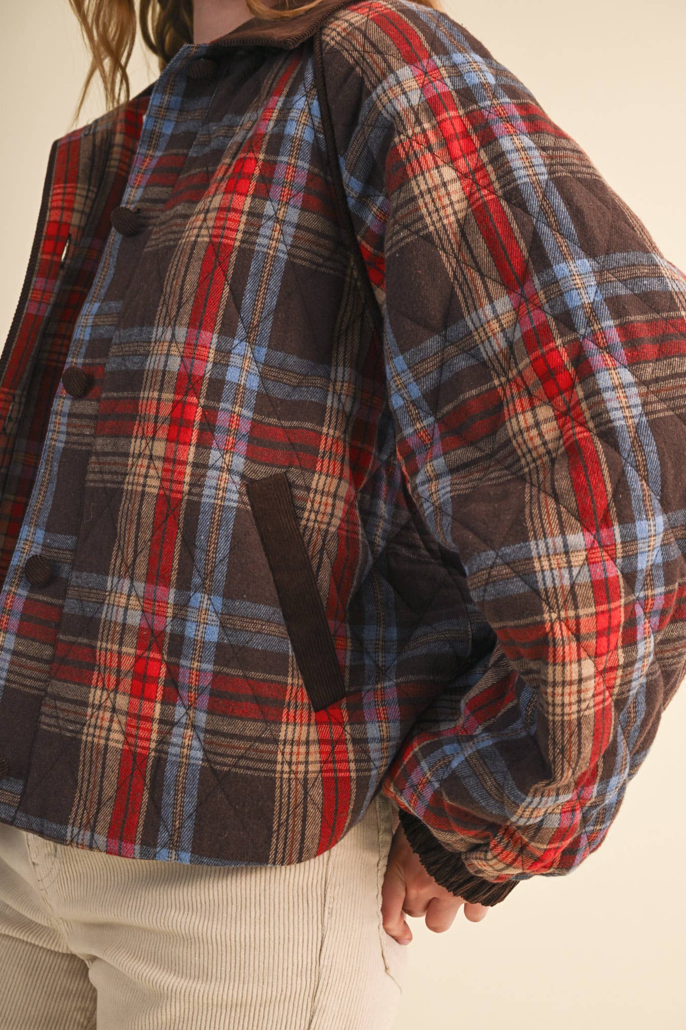 Plaid Quilted Jacket With Contrast Corduroy Detail