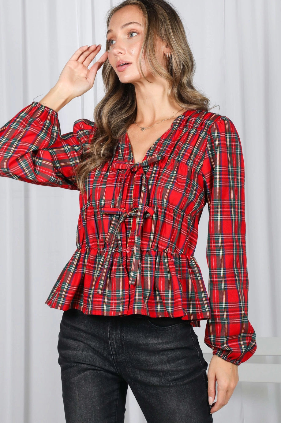 Tie Plaid Blouse Top