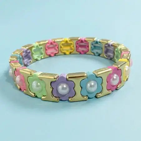 Enamel Stretch Bracelet - Flowers - Rainbow w/ Pearls