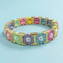 Load image into Gallery viewer, Enamel Stretch Bracelet - Flowers - Rainbow w/ Pearls
