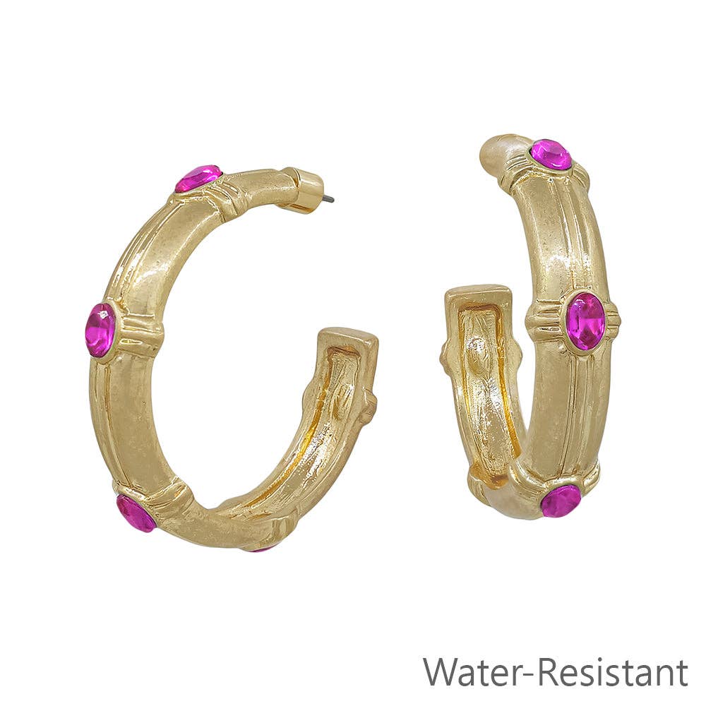 Water Resistant Hammered Hoop with Hot Pink Crystal Earring