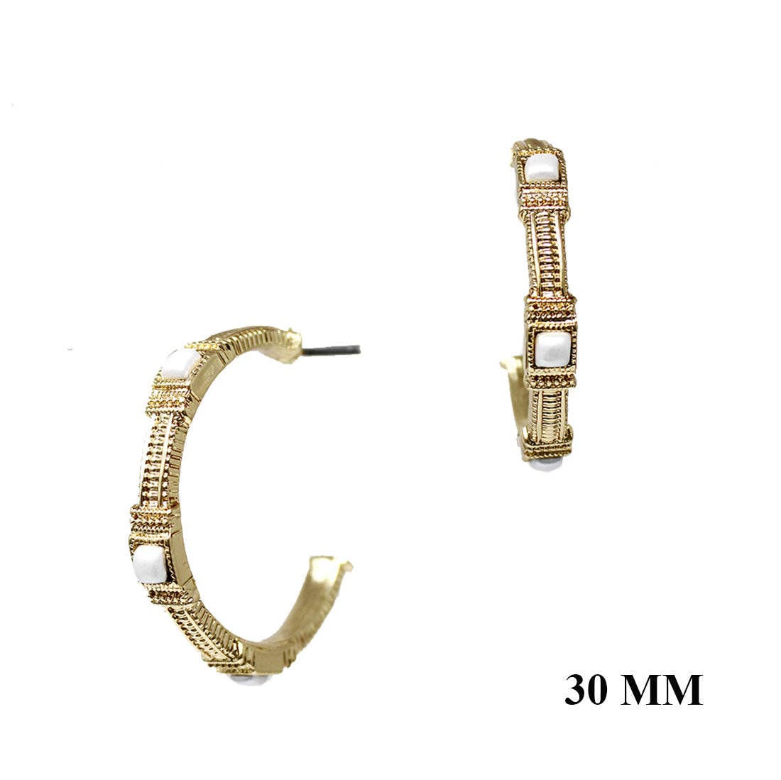 Gold Textured with Pearl Hoop Earring