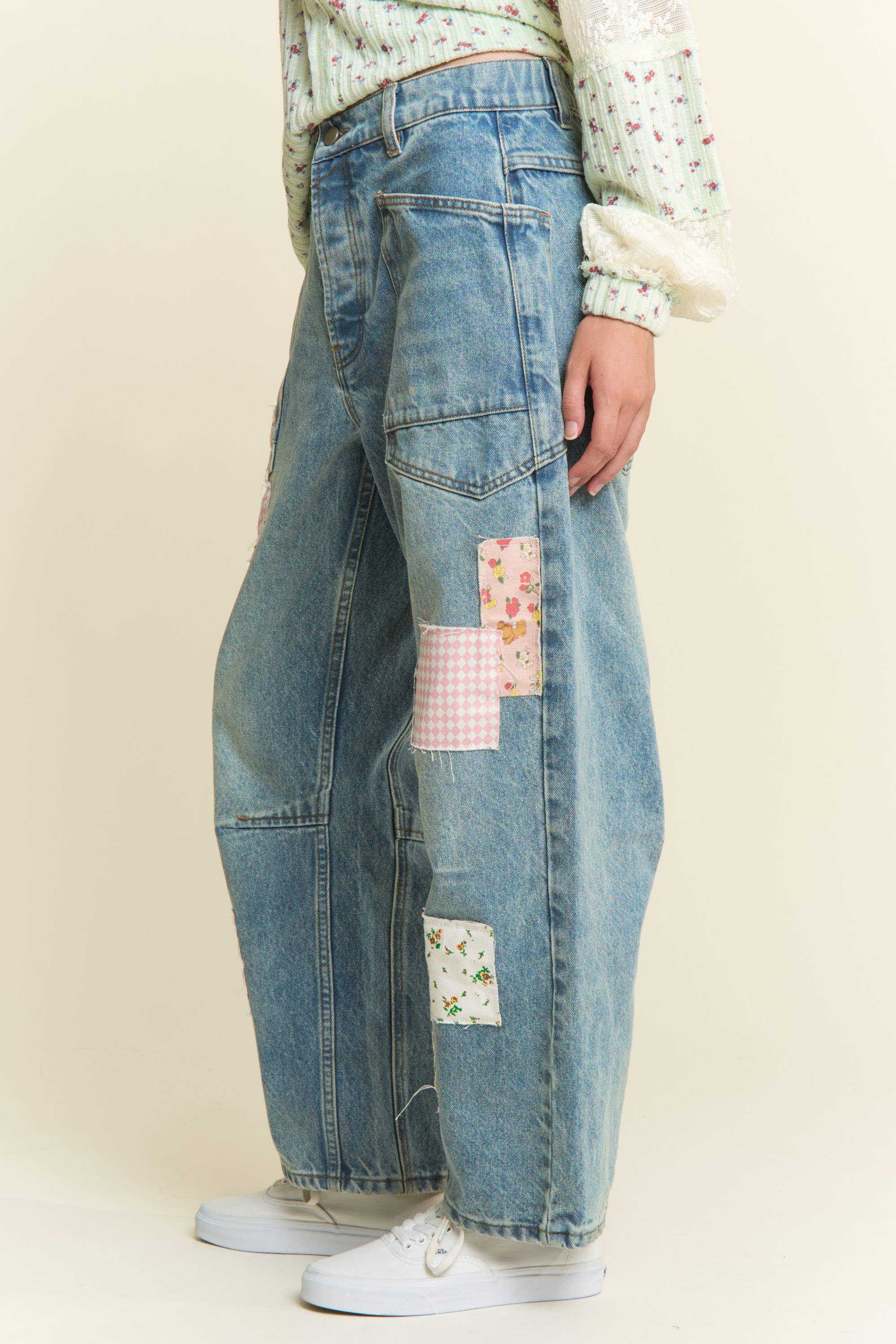 Mineral Washed Patchwork Jeans