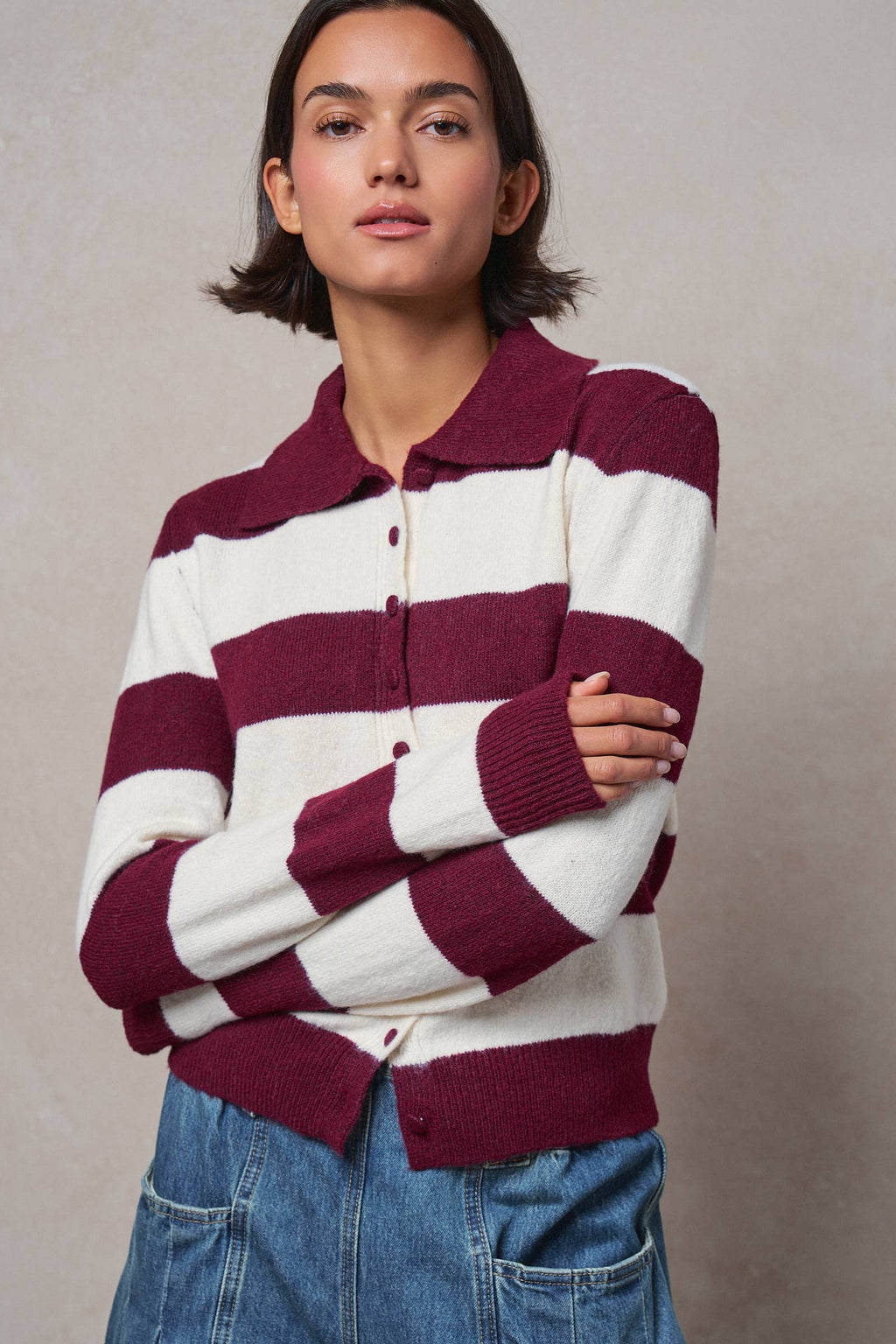 Striped Knit Collared Button Polo Sweater
