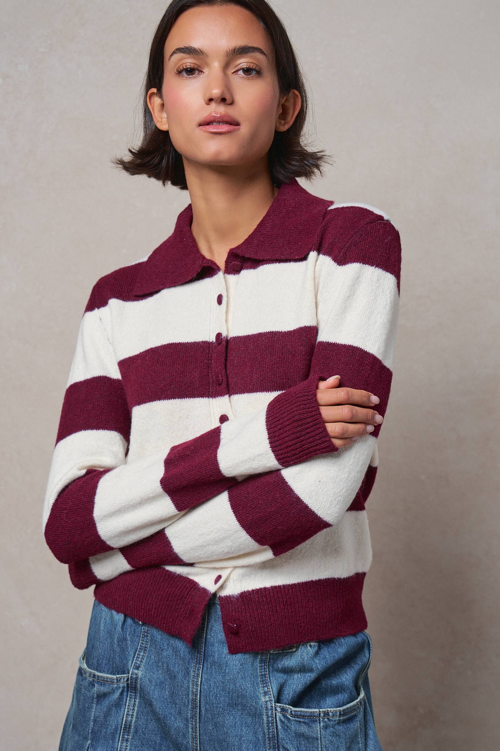 Striped Knit Collared Button Polo Sweater