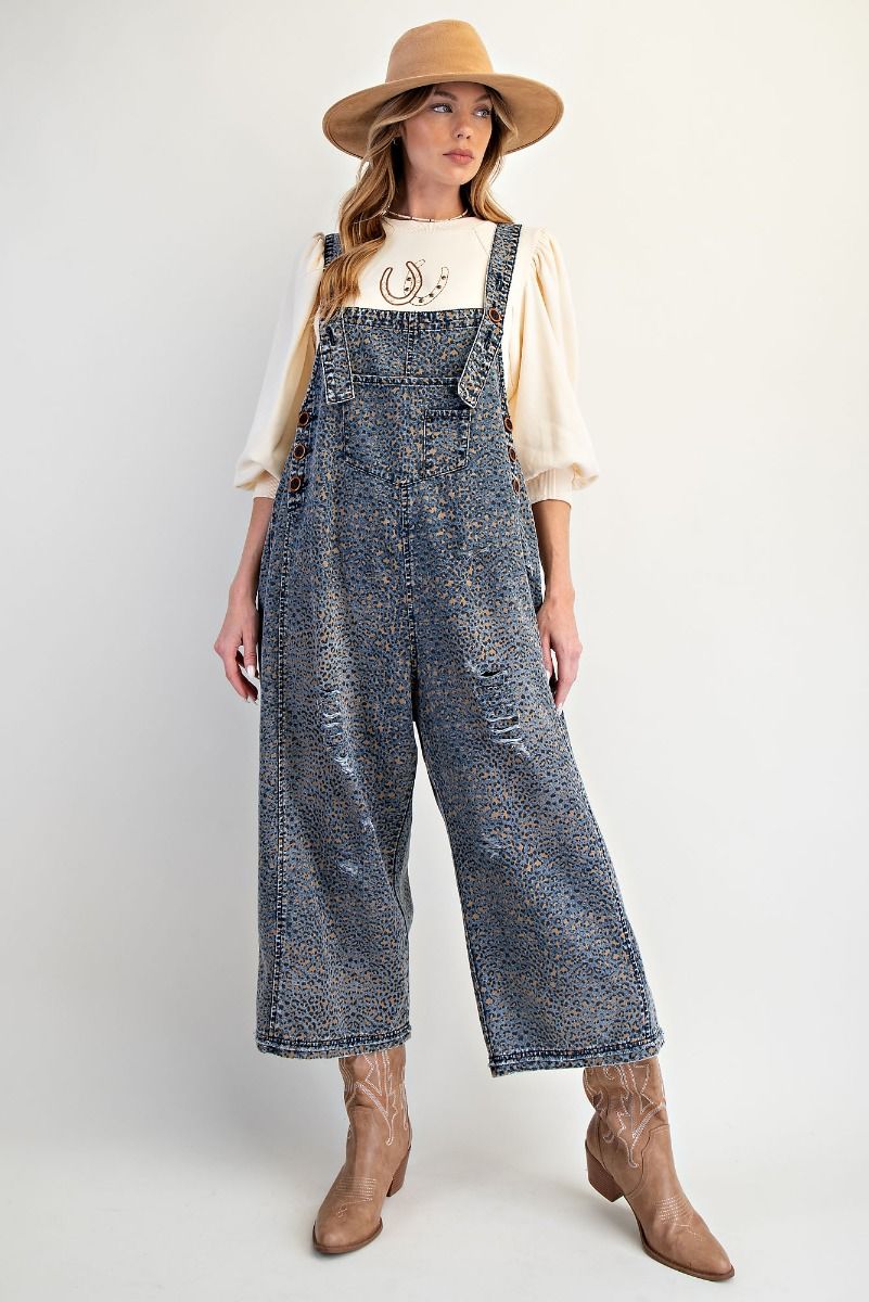 Animal Printed Washed Denim Overalls
