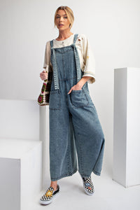 Stone Washed Wide Leg Overalls