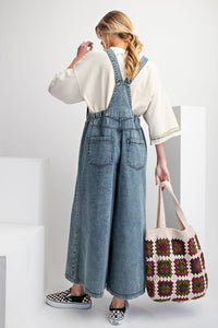 Stone Washed Wide Leg Overalls