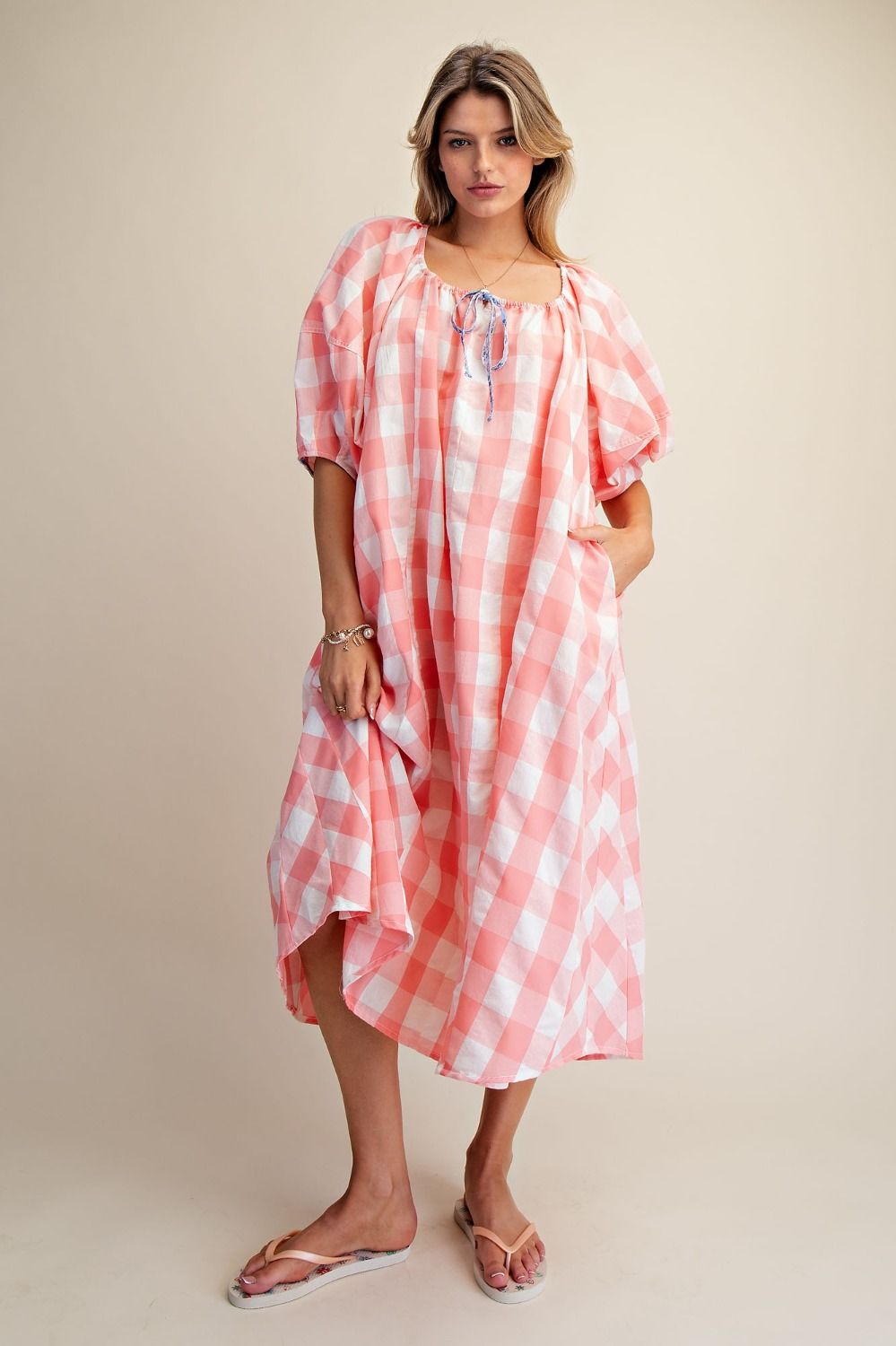 Peach Gingham Printed Dress