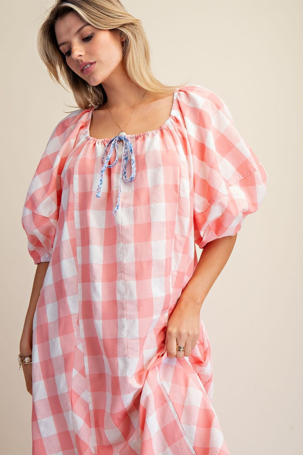 Peach Gingham Printed Dress