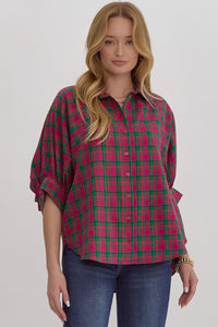 Magenta Oversized Plaid Top