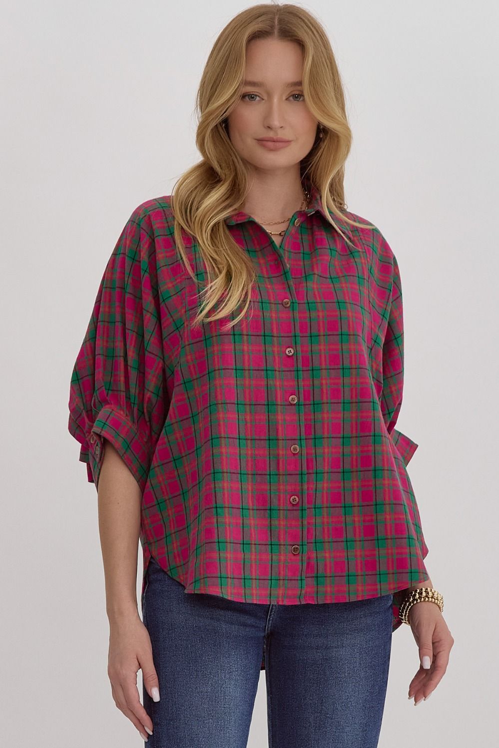 Magenta Oversized Plaid Top