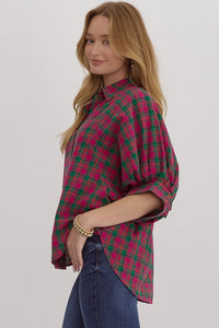 Magenta Oversized Plaid Top