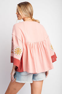 Rose Embroidery Detail 3/4 Sleeve Top