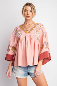 Rose Embroidery Detail 3/4 Sleeve Top